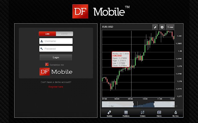 การซื้อขาย DFMobile Forex CFD จาก Chrome เว็บสโตร์ที่จะรันด้วย OffiDocs Chromium ออนไลน์