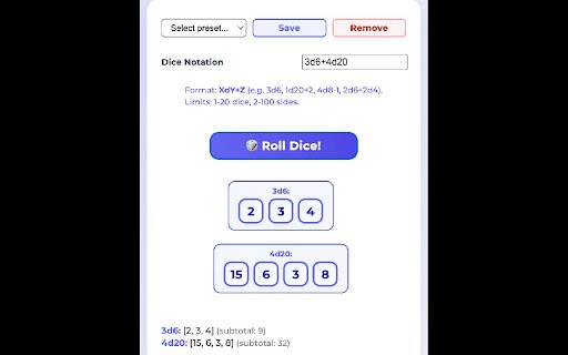 Dice Roller  from Chrome web store to be run with OffiDocs Chromium online
