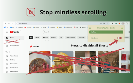 Disable YouTube Shorts  from Chrome web store to be run with OffiDocs Chromium online