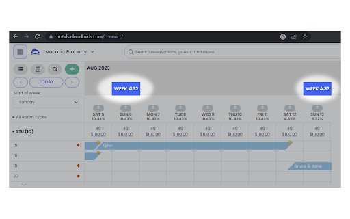 Display Week Number on Cloudbeds  from Chrome web store to be run with OffiDocs Chromium online