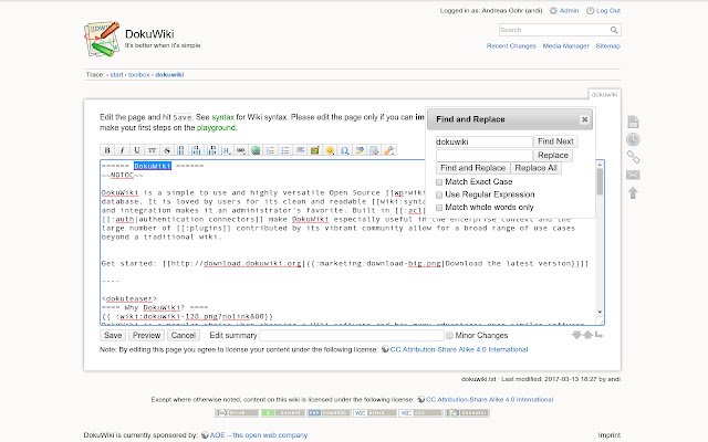 جعبه ابزار DokuWiki از فروشگاه وب Chrome برای اجرا با OffiDocs Chromium به صورت آنلاین