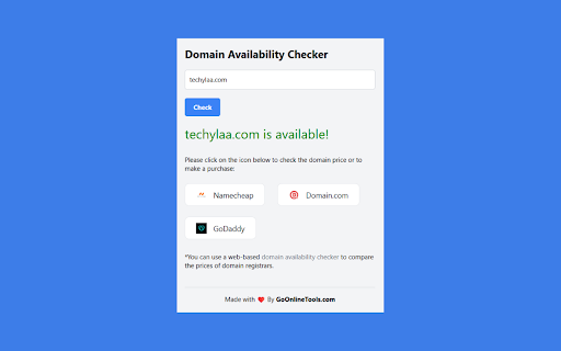 Domain Availability Checker  from Chrome web store to be run with OffiDocs Chromium online