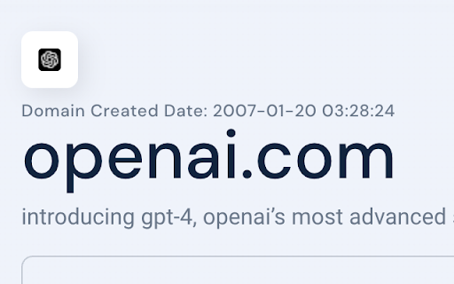 Domain Created Date Display for SimilarWeb from Chrome web store to be run with OffiDocs Chromium online Domain Created Date Display for SimilarWeb from Chrome web store to be run with OffiDocs Chromium online