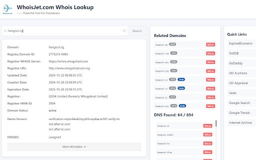 Domain Whois Lookup WhoisJet.com  from Chrome web store to be run with OffiDocs Chromium online