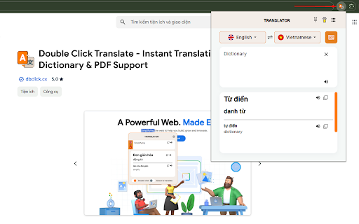Double Click Translate Instant Translation, Dictionary  PDF Support  from Chrome web store to be run with OffiDocs Chromium online