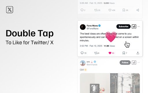 Double Tap to Like for Twitter/X from Chrome web store to be run with OffiDocs Chromium online Double Tap to Like for Twitter/X from Chrome web store to be run with OffiDocs Chromium online