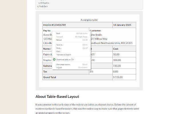 Download table as CSV  from Chrome web store to be run with OffiDocs Chromium online