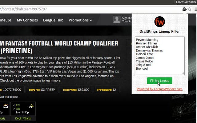 DraftKings Lineup Filler FantasyWonder.com dal negozio web di Chrome per essere eseguito con OffiDocs Chromium online