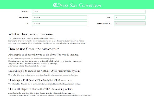 Dress Size Conversion  from Chrome web store to be run with OffiDocs Chromium online
