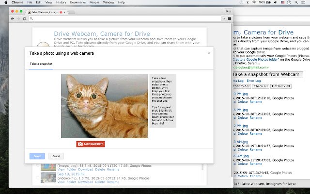 Chrome Web ストアの Drive Webcam、Camera for Drive を OffiDocs Chromium online で実行