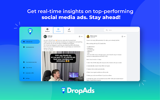 DropAds Facebook Ad Finder  AdSpy Tool  from Chrome web store to be run with OffiDocs Chromium online