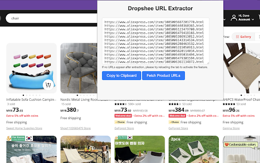 Dropshee URL Extractor  from Chrome web store to be run with OffiDocs Chromium online