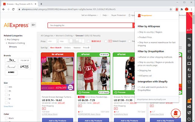DropshipMan Aliexpress.com Importer produktów ze sklepu internetowego Chrome do uruchomienia z OffiDocs Chromium online