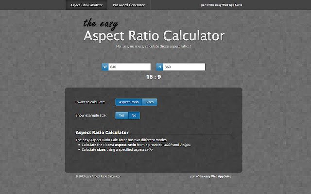 madaling Aspect Ratio Calculator mula sa Chrome web store na patakbuhin gamit ang OffiDocs Chromium online