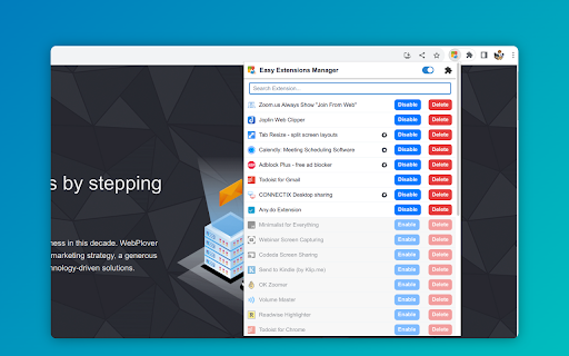 Easy Extensions Manager  from Chrome web store to be run with OffiDocs Chromium online