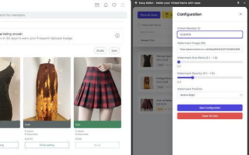 Easy Relist Relist your Vinted items with watermarks from Chrome web store to be run with OffiDocs Chromium online Easy Relist Relist your Vinted items with watermarks from Chrome web store to be run with OffiDocs Chromium online