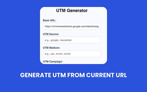 Easy UTM Generator from Chrome web store to be run with OffiDocs Chromium online Easy UTM Generator from Chrome web store to be run with OffiDocs Chromium online