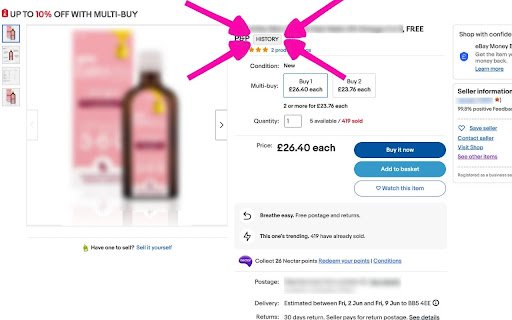 eBay Sold History Button See Item Purchase History  from Chrome web store to be run with OffiDocs Chromium online