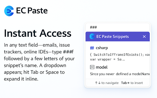 ECPaste Code Snippet Manager  from Chrome web store to be run with OffiDocs Chromium online