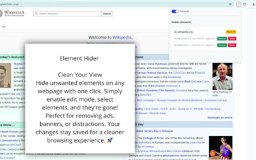 Element Hider Clean Your View from Chrome web store to be run with OffiDocs Chromium online Element Hider Clean Your View from Chrome web store to be run with OffiDocs Chromium online