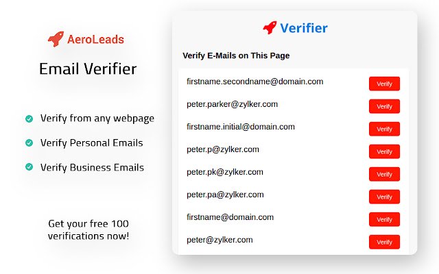 Email Verifier від Aeroleads із веб-магазину Chrome для запуску з OffiDocs Chromium онлайн