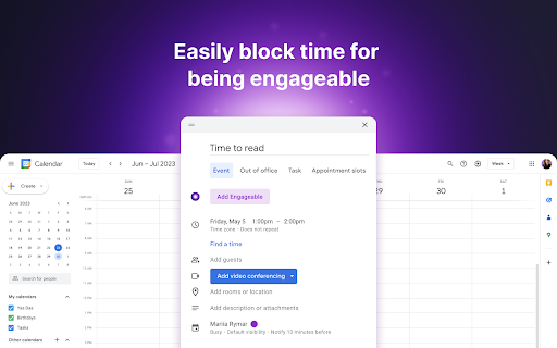 Engageable Time block with Google Calendar  from Chrome web store to be run with OffiDocs Chromium online