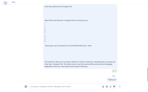 Enter key preference for Google Chat  from Chrome web store to be run with OffiDocs Chromium online