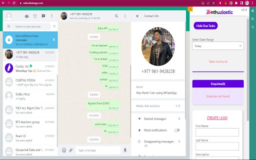 Enthu Whatsapp ZOHO CRM  from Chrome web store to be run with OffiDocs Chromium online