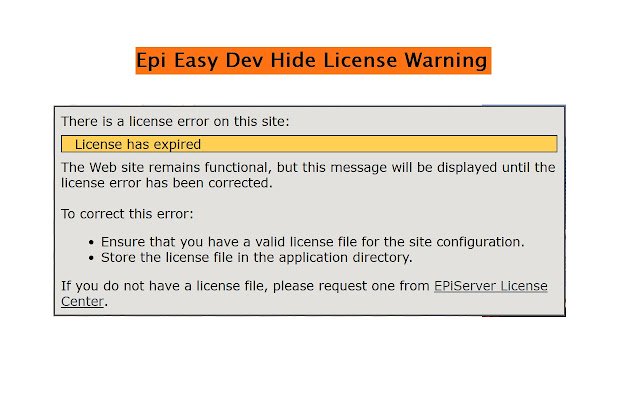 Chrome web mağazasından Epi Easy Dev Hide License Warning, OffiDocs Chromium çevrimiçi ile çalıştırılacak
