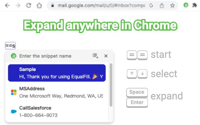 EqualFill: Libreng Text Expander mula sa Chrome web store na tatakbo sa OffiDocs Chromium online