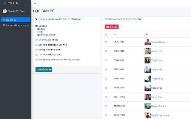 ET2.FUN Lọc bạn bè không tương tác  from Chrome web store to be run with OffiDocs Chromium online