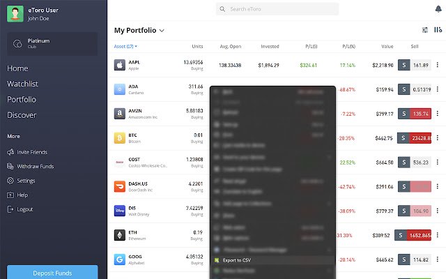 Pengekspor Portofolio CSV eToro dari toko web Chrome untuk dijalankan dengan Chromium OffiDocs online