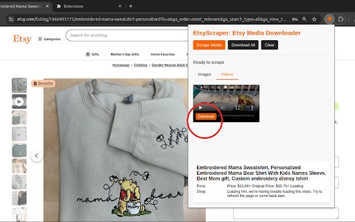 EtsyScraper: Etsy Media Downloader  from Chrome web store to be run with OffiDocs Chromium online