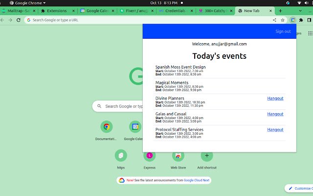 Elenco eventi per Google dal web store di Chrome da eseguire con OffiDocs Chromium online