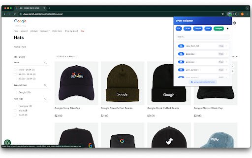 Event Validator  from Chrome web store to be run with OffiDocs Chromium online