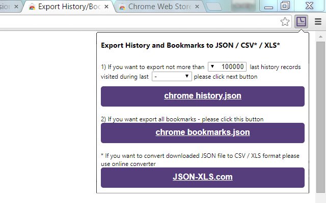 Export History/Bookmarks to JSON/CSV*/XLS* from Chrome web store to be run with OffiDocs Chromium online Export History/Bookmarks to JSON/CSV*/XLS* from Chrome web store to be run with OffiDocs Chromium online