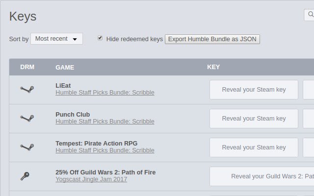 Export HumbleBundle Library to JSON  from Chrome web store to be run with OffiDocs Chromium online