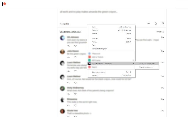 Export Patreon Comments  from Chrome web store to be run with OffiDocs Chromium online