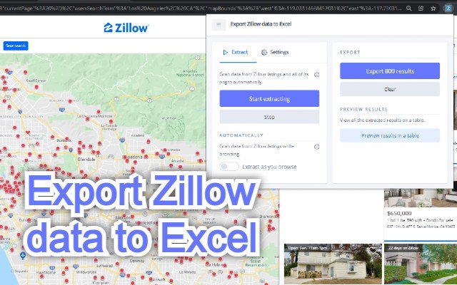 Export Zillow data to Excel  from Chrome web store to be run with OffiDocs Chromium online