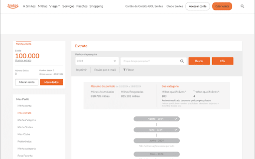 Extrato Smiles em CSV  from Chrome web store to be run with OffiDocs Chromium online