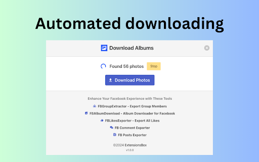 Facebook Album Downloader album downloader for facebook  from Chrome web store to be run with OffiDocs Chromium online