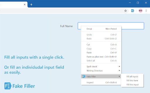Fake Filler 2  from Chrome web store to be run with OffiDocs Chromium online