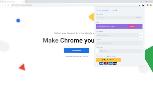 FAXjar Chrome ウェブストアから今すぐ FAX を送信します (広告やサインアップはありません)。OffiDocs Chromium オンラインで実行できます。