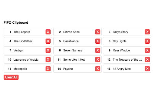 FIFO Clipboard from Chrome web store to be run with OffiDocs Chromium online FIFO Clipboard from Chrome web store to be run with OffiDocs Chromium online