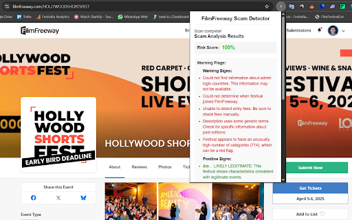 FilmFreeway Scam Detector  from Chrome web store to be run with OffiDocs Chromium online