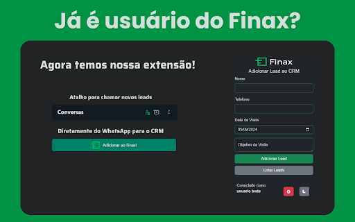 Finax CRM Integrado from Chrome web store to be run with OffiDocs Chromium online Finax CRM Integrado from Chrome web store to be run with OffiDocs Chromium online