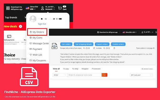 FindNiche AliExpress™ Data Exporter  from Chrome web store to be run with OffiDocs Chromium online