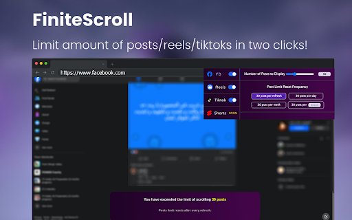 FiniteScroll Limit infinite scrolling on social media  from Chrome web store to be run with OffiDocs Chromium online FiniteScroll Limit infinite scrolling on social media  from Chrome web store to be run with OffiDocs Chromium online