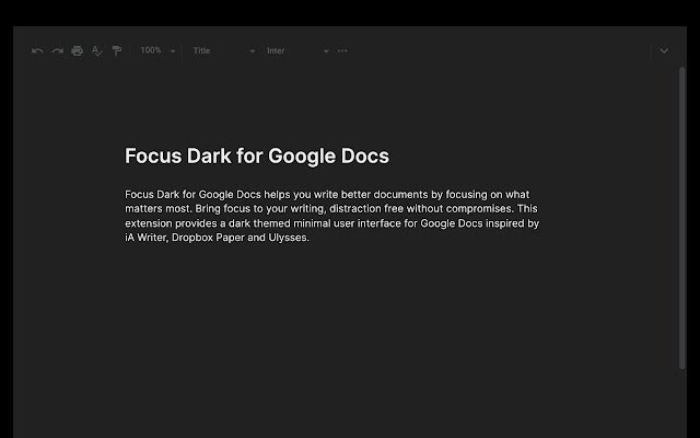 Focus Dark for Google Docs  from Chrome web store to be run with OffiDocs Chromium online