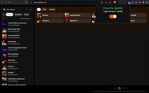 Focus for Spotify: Removes Spotify Recommendations  from Chrome web store to be run with OffiDocs Chromium online